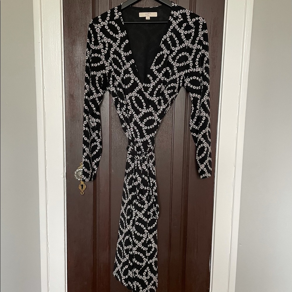 LOFT black patterned wrap dress